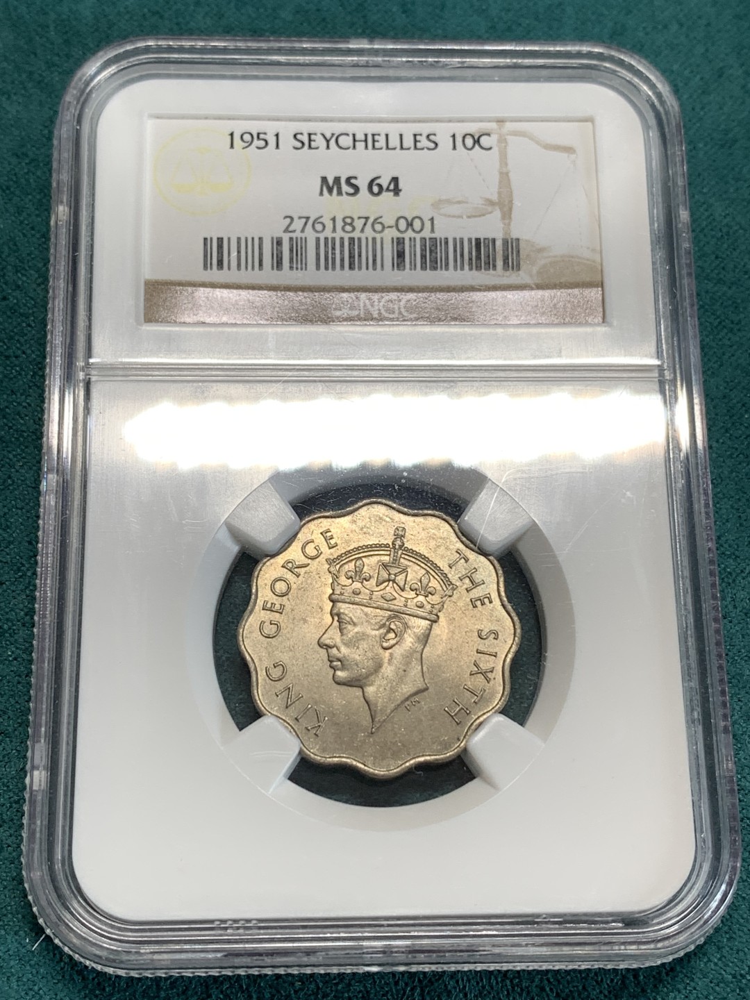 《竞宝斋》第164场-周日，周一，周四 3场 (全场包邮) NGC-MS64 1951年 英属塞舌尔 10C铜镍币