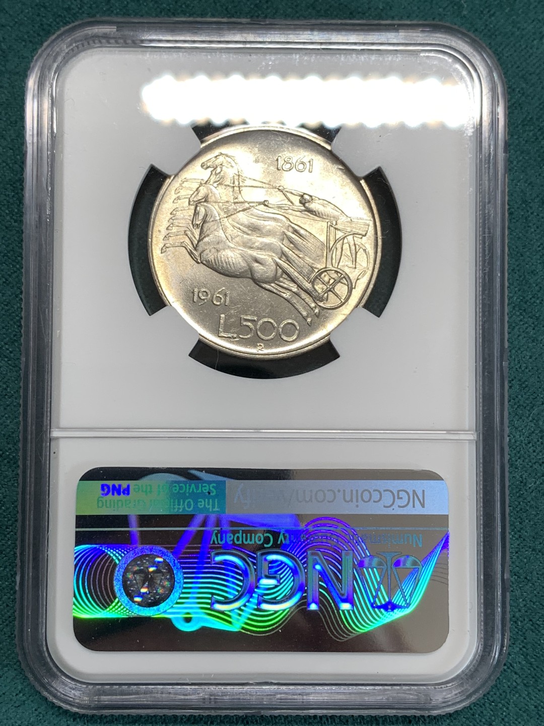 《竞宝斋》第164场-周日，周一，周四 3场 (全场包邮) NGC MS64 意大利1961年 纪念意大利迁都100周年 500里拉 银币 仿古马车造型，S转光