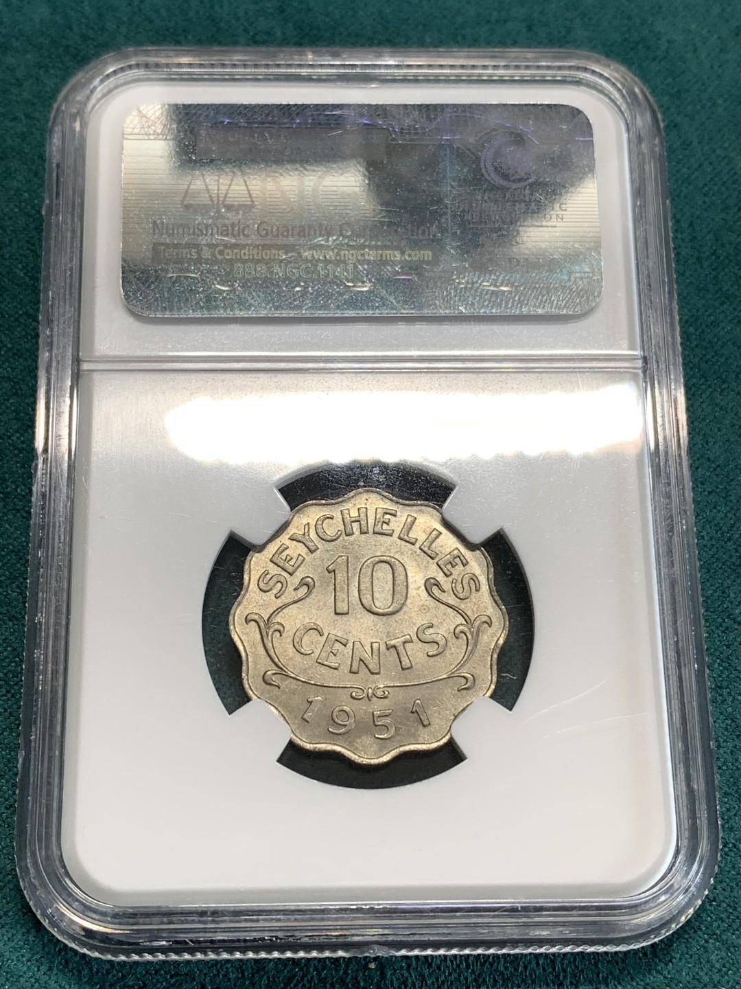 《竞宝斋》第164场-周日，周一，周四 3场 (全场包邮) NGC-MS64 1951年 英属塞舌尔 10C铜镍币