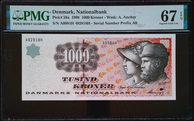 《家喻户晓》世界靓号纸钞第十九期 - 1998版丹麦1000克朗初版首发年份A0首发冠 PMG67