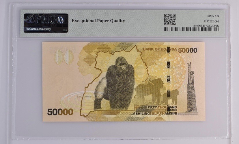 收藏联盟Quantum Auction 第259期拍卖 帝国余辉-印度新金山 乌干达2021年50000先令 PMG66 大猩猩🦍 号码无4