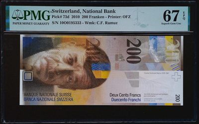 《家喻户晓》世界靓号纸钞第十九期 - 2010年瑞士200法郎 人像版 稀少豹子号333 全程无47 PMG67亚军分