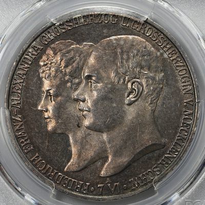 修遠堂世界钱币第三期 - 极美五彩 PCGS MS62 梅克伦堡-什未林大公国-大公结婚纪念5马克大银币