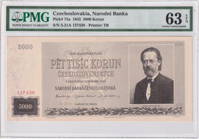草稿银行第四期国内外钞票拍卖 - 捷克斯洛伐克1945年5000克朗 PMG 63e 斯美塔那 大票幅 实票稀少