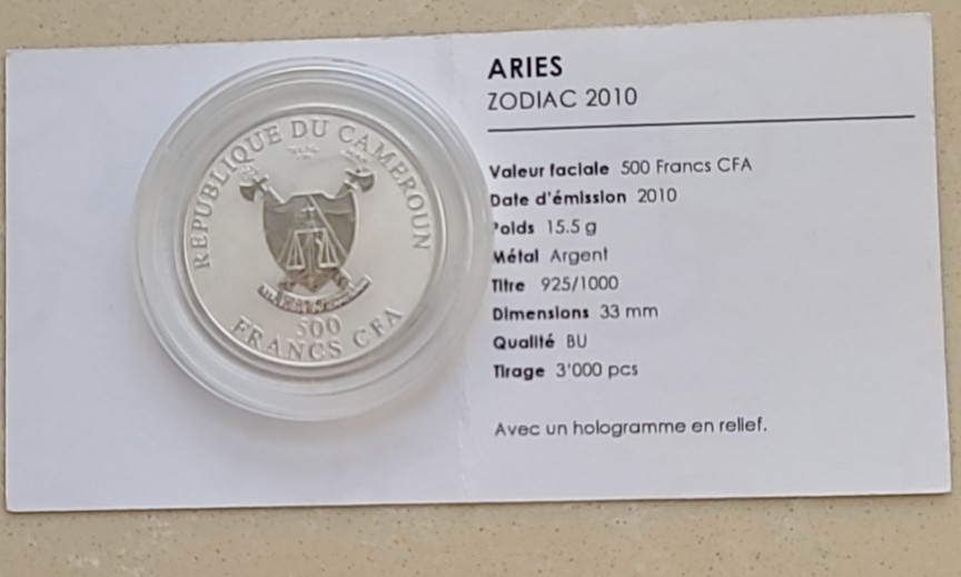 【币将精彩】世界钱币拍卖（2025-11-12） 喀麦隆2010年十二星座白羊座幻彩银币带证书