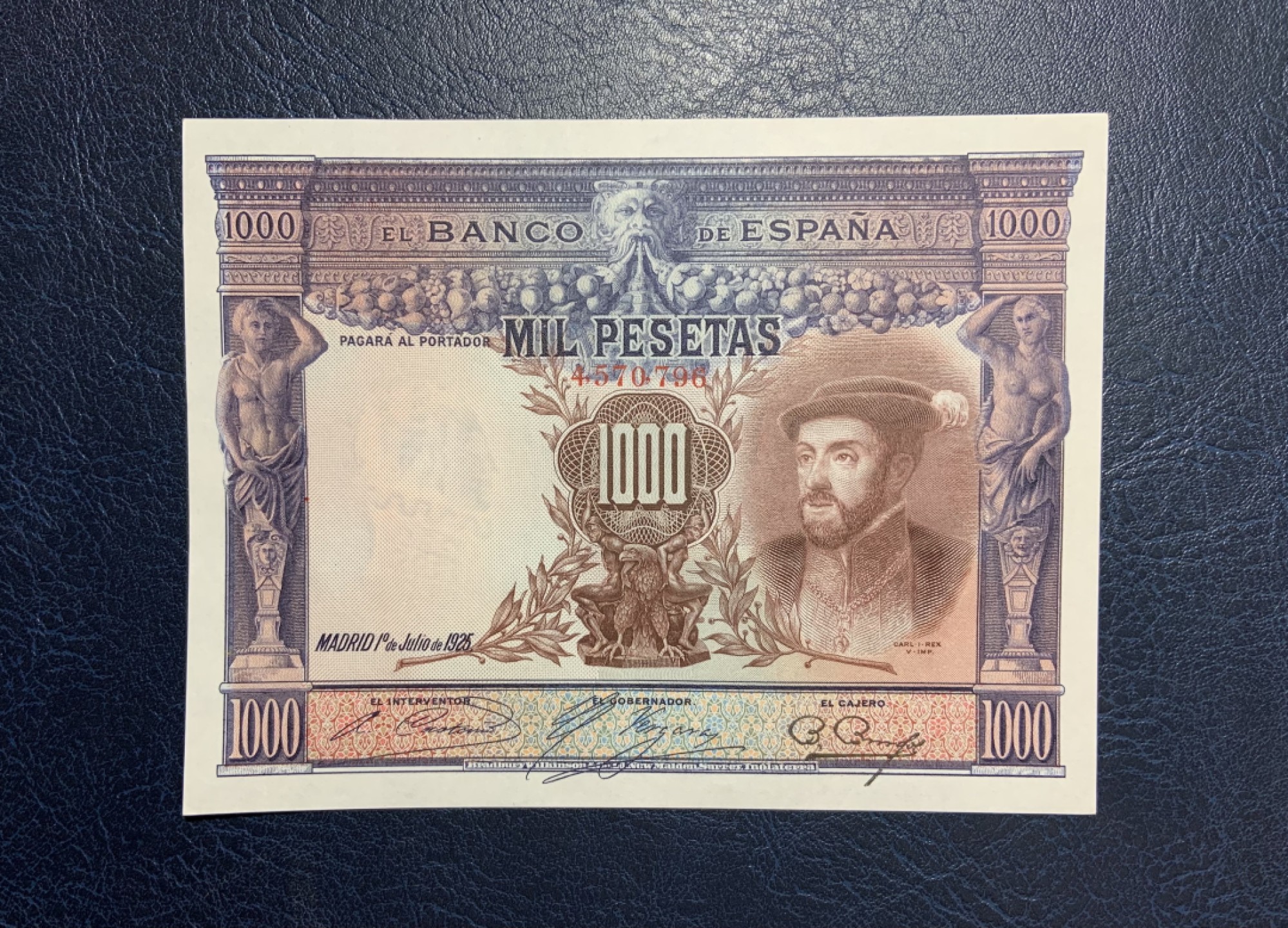 收藏联盟Quantum Auction 第259期拍卖 帝国余辉-印度新金山 西班牙1925年1000比塞塔 品相AU 稀少高面值 国王卡洛斯一世