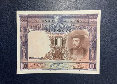 收藏联盟Quantum Auction 第259期拍卖 帝国余辉-印度新金山 - 西班牙1925年1000比塞塔 品相AU 稀少高面值 国王卡洛斯一世