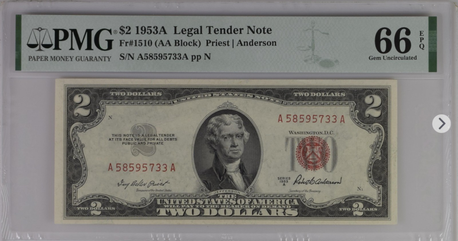 美国蓝库印和红库印合集 Legal Tender Note, $2 1953A Small Size