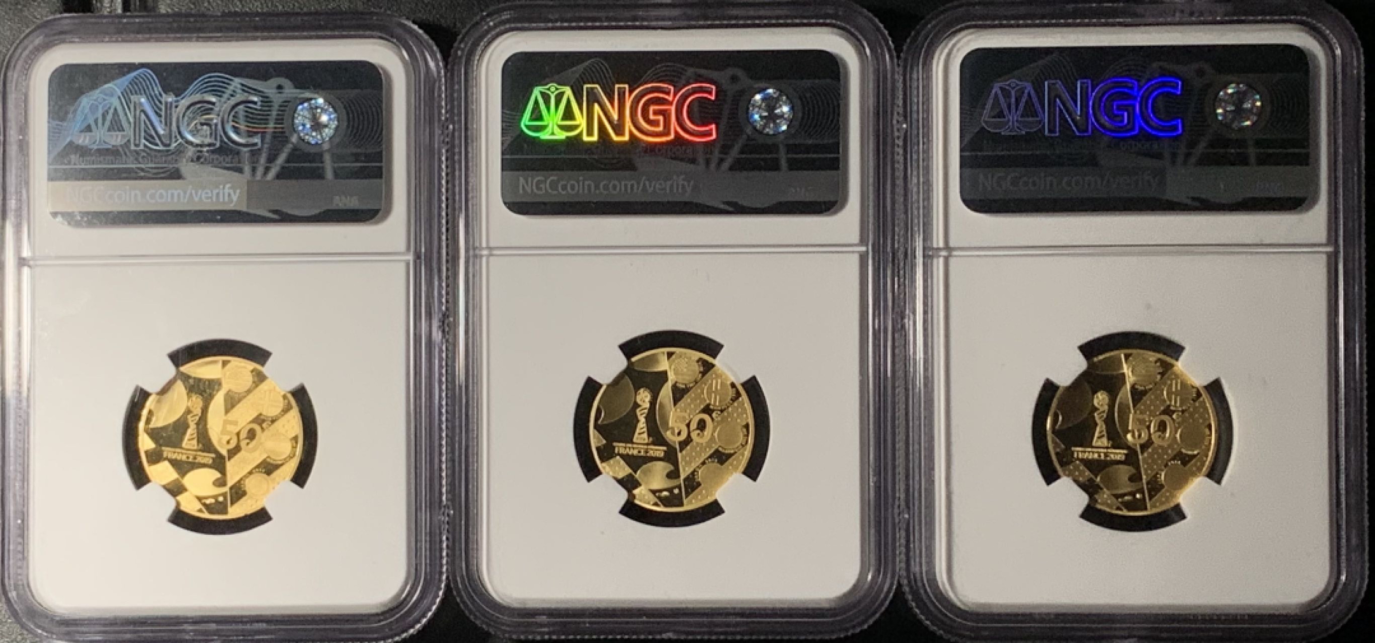 紫瑗钱币——第315期拍卖 法国 2019年 女足世界杯 1/4E 三枚全套 金币 NGC PR69 UC 原盒证书