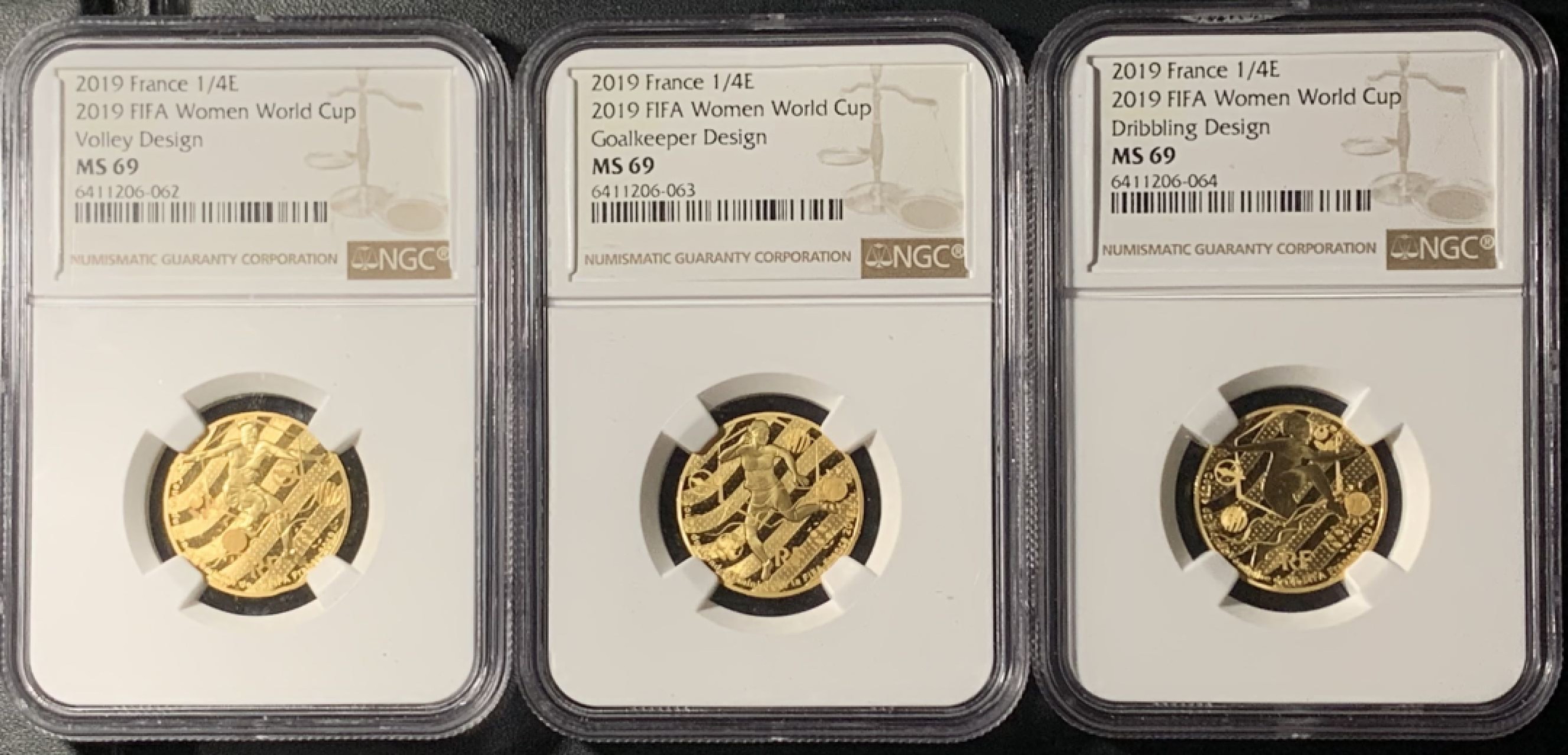 紫瑗钱币——第315期拍卖 法国 2019年 女足世界杯 1/4E 三枚全套 金币 NGC PR69 UC 原盒证书