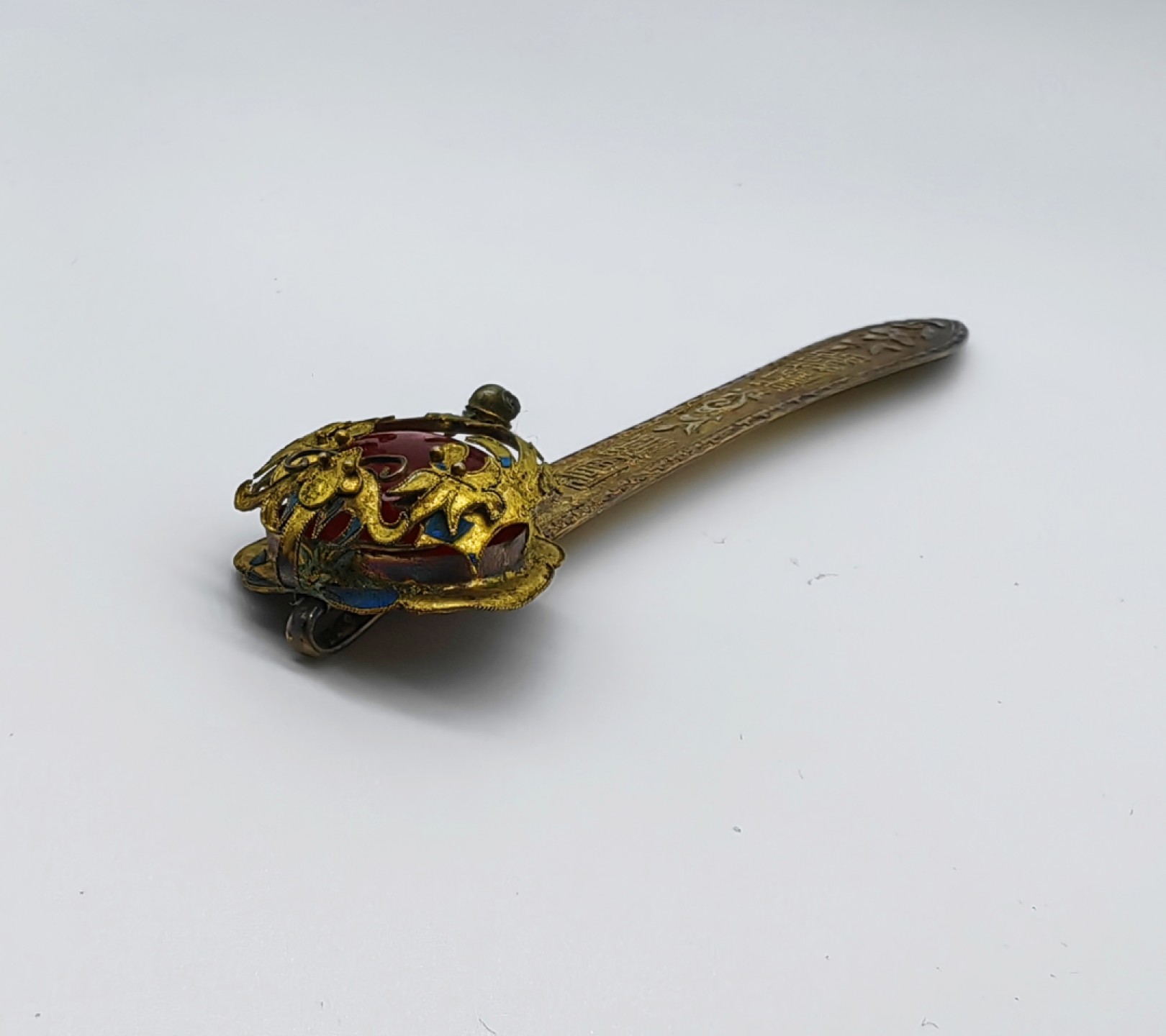 清代银鎏金福禄寿喜纹镶宝如意簪-有款记！