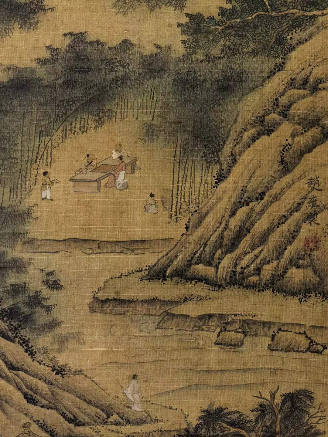 赵雍绢本大六尺立轴。（1289年－1369年），字仲穆，吴兴（今浙江湖州）人。元代书画家。赵孟頫之子。擅山水，尤精人物鞍马，亦作界画。