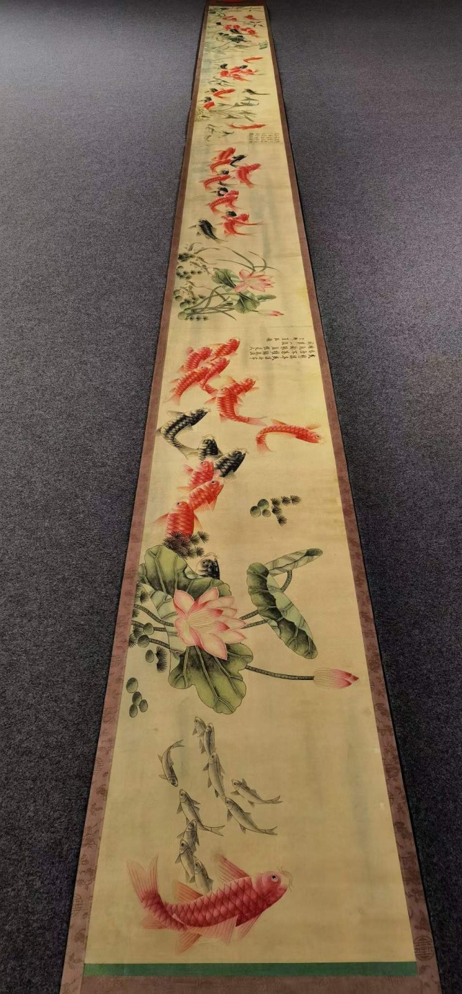 万寿宫藏唐寅纸本《百鱼圖》卷。（1470年3月6日－1524年1月7日），字伯虎，号六如居士，南直隶苏州府吴县，明朝著名画家、书法家、诗人。