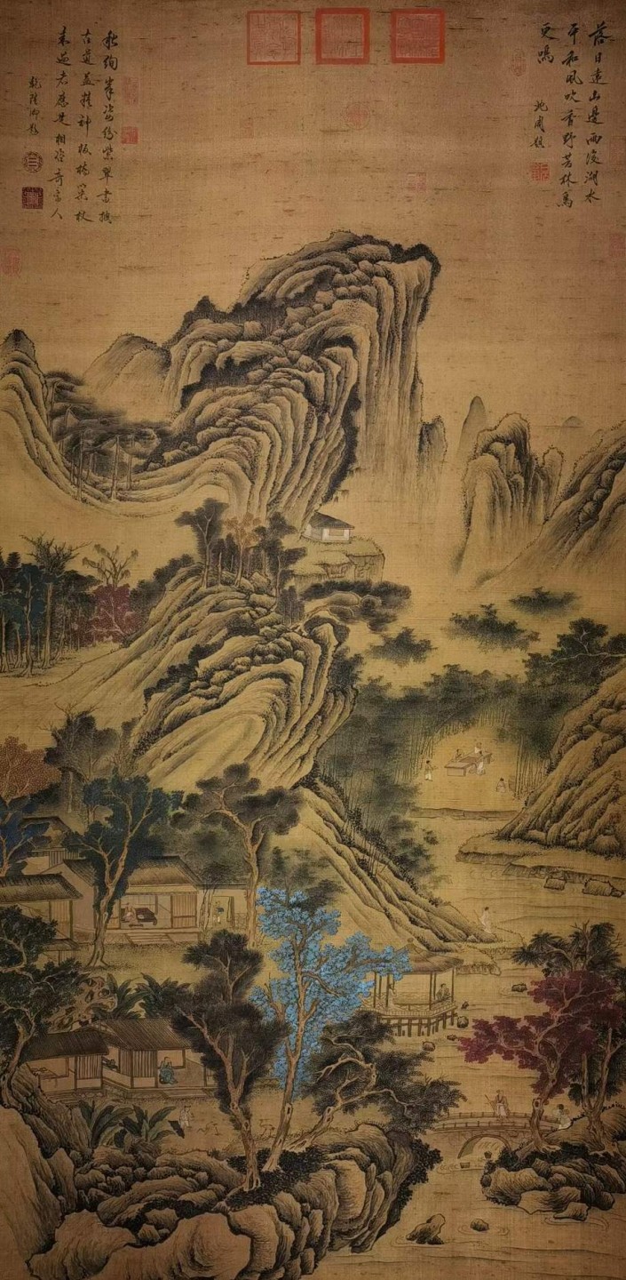 赵雍绢本大六尺立轴。（1289年－1369年），字仲穆，吴兴（今浙江湖州）人。元代书画家。赵孟頫之子。擅山水，尤精人物鞍马，亦作界画。