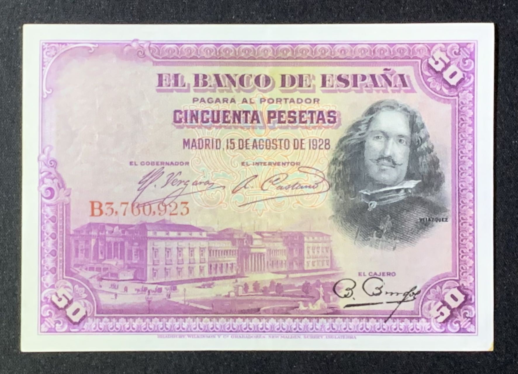 紫瑗钱币——第270期拍卖—纸币场 西班牙 1928年 油画《布雷达的献城》50比塞塔 AUNC