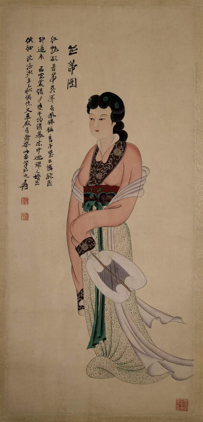 张大千纸本仕女图。张大千（1899年5月10日—1983年4月2日），四川省内江市人，原名正权，后改名爰，中国近现代国画家。