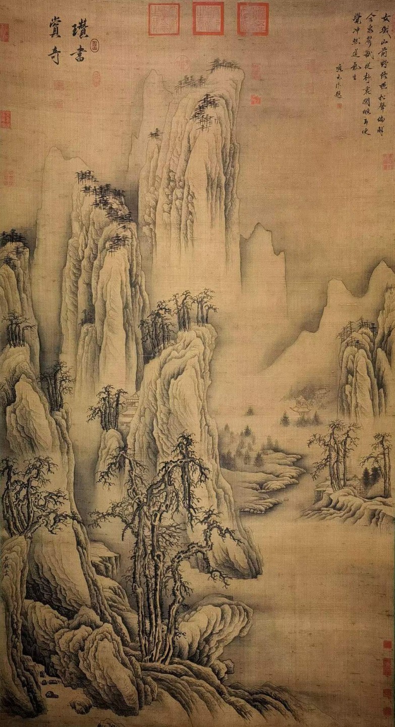 吴镇绢本大六尺山水立轴。吴镇（1280年—1354年），字仲圭，号梅花道人，浙江嘉兴人。元代画家、书法家、诗人。 吴镇绢本大六尺山水立轴。吴镇（1280年—1354年），字仲圭，号梅花道人，浙江嘉兴人。元代画家、书法家、诗人。