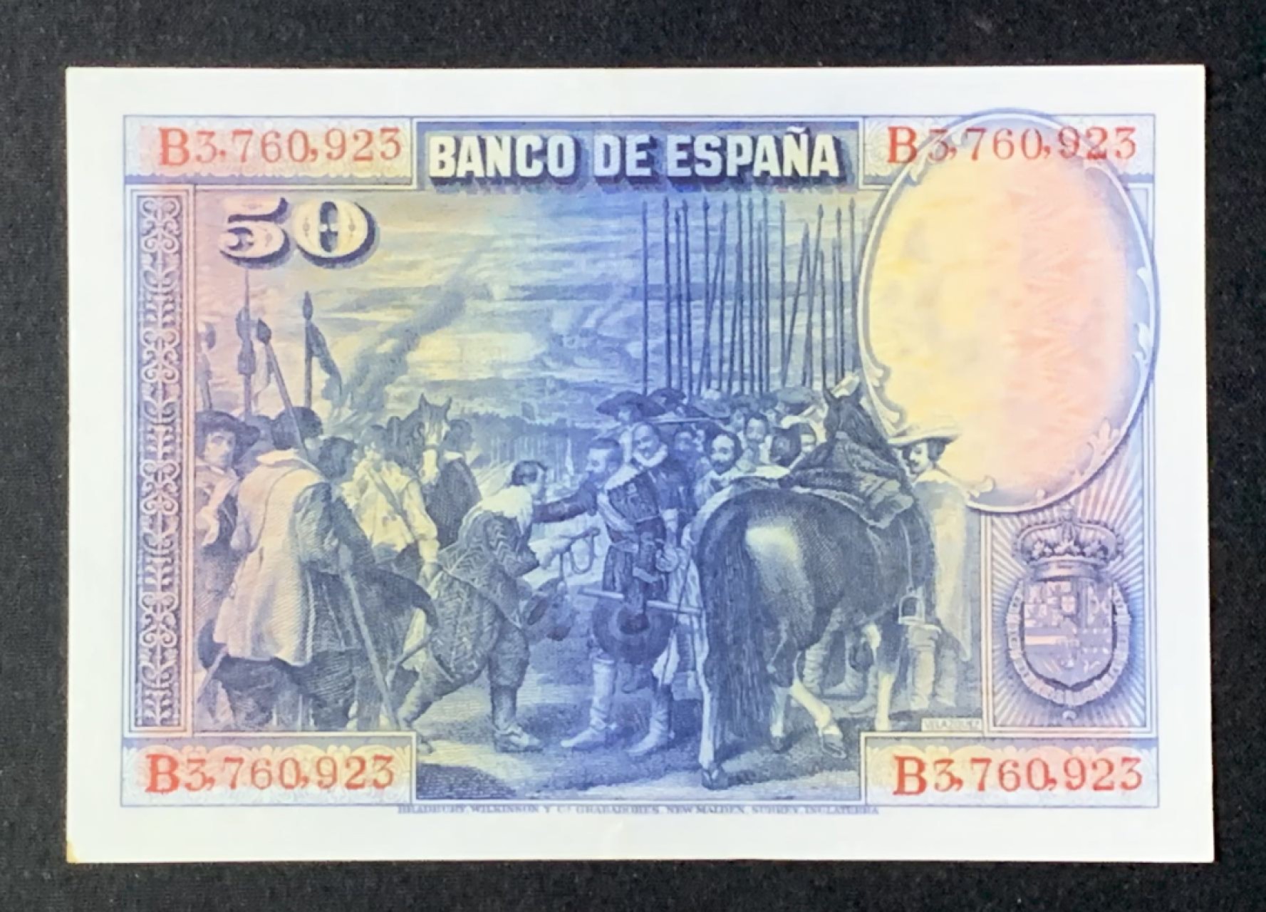 紫瑗钱币——第270期拍卖—纸币场 西班牙 1928年 油画《布雷达的献城》50比塞塔 AUNC