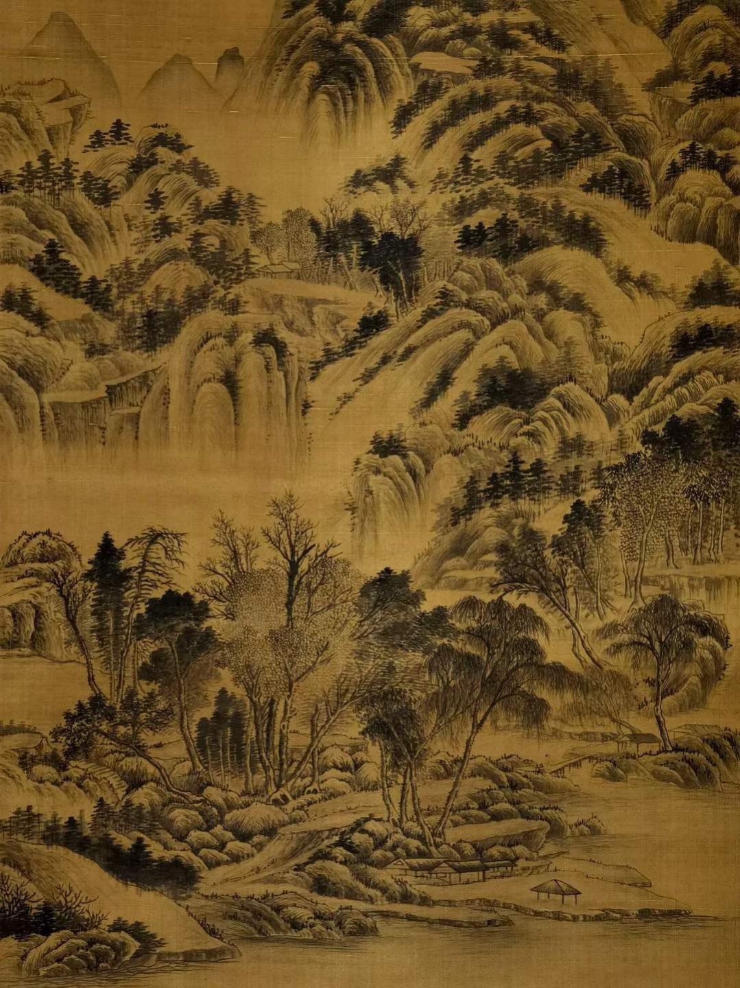 郭熙大六尺绢本山水立轴。中国绘画大师，1000～约1090年），北宋杰出画家、绘画理论家。熙宁元年召入画院，后任翰林待诏直长。