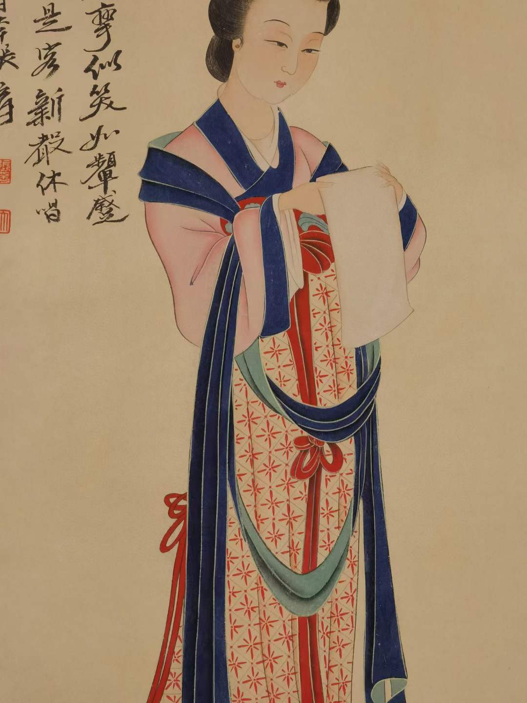 张大千纸本仕女图。张大千（1899年5月10日—1983年4月2日），四川省内江市人，原名正权，后改名爰，中国近现代国画家。