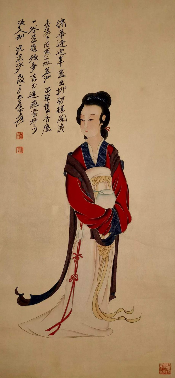 张大千纸本仕女图。张大千（1899年5月10日—1983年4月2日），四川省内江市人，原名正权，后改名爰，中国近现代国画家。