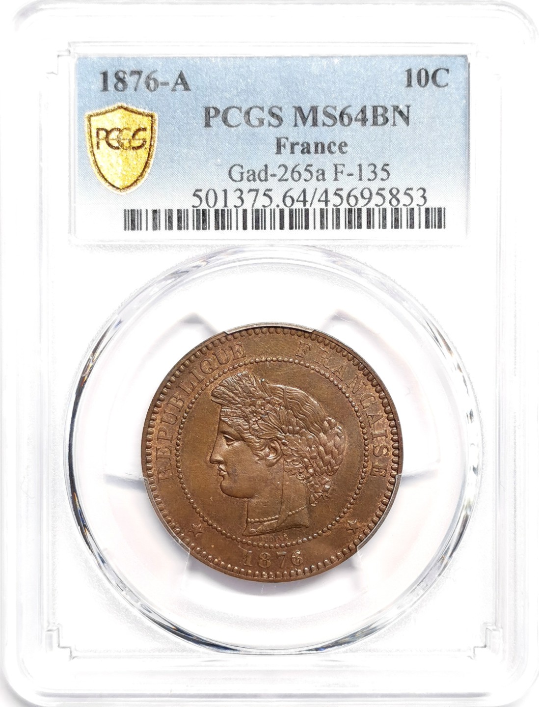 凡希社世界钱币微拍第二百三十九期 1876法国女神像10生丁大铜PCGS-MS64