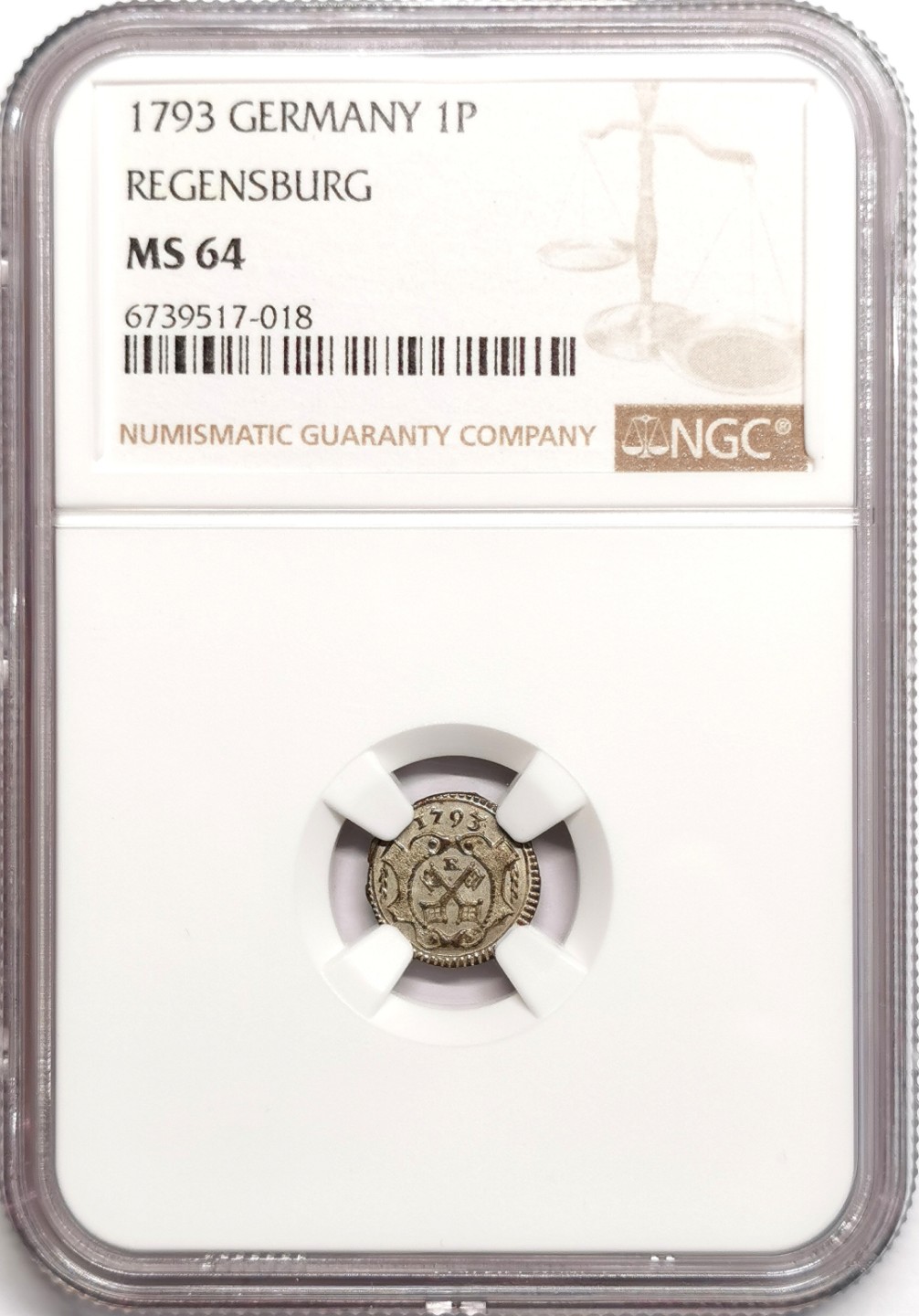 凡希社世界钱币微拍第二百三十九期 1793雷根斯堡1芬尼银辅币NGC-MS64