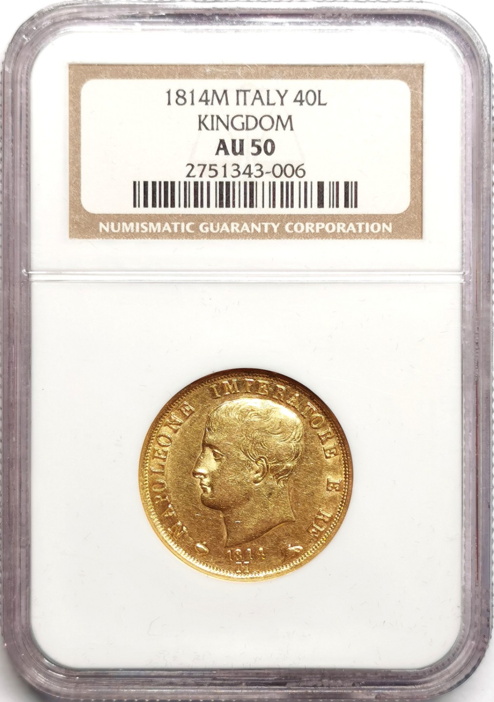 凡希社世界钱币微拍第二百三十九期 荐！1814M意大利王国拿破仑40里拉金币NGC-AU50细节极佳！