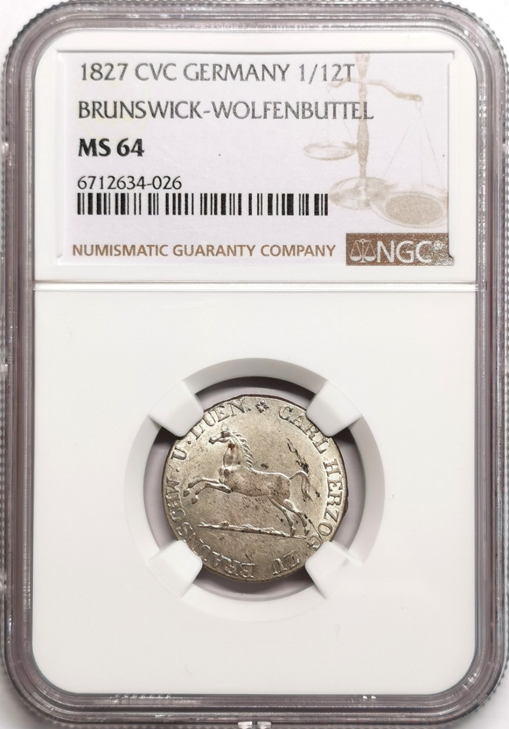 凡希社世界钱币微拍第二百三十九期 1827布伦瑞克沃芬布特飞马1/12泰勒NGC-MS64品相难得！