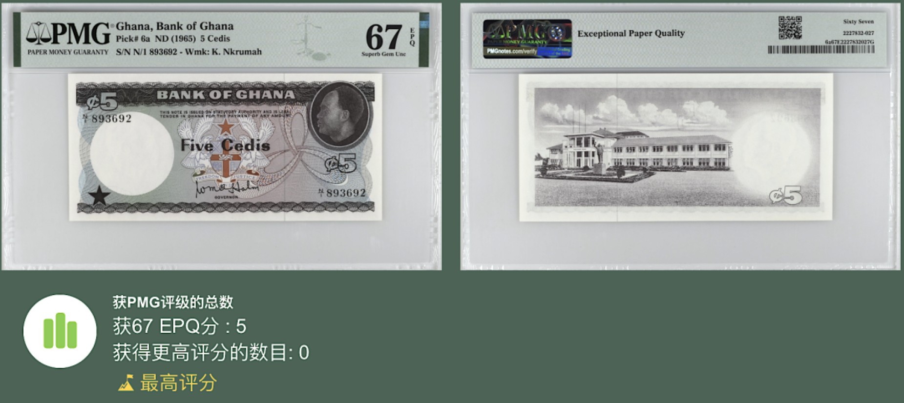 《张总朋友收藏》102期—外币精品 加纳5塞地 PMG67E 1965年 Pick6a 无47 冠军分