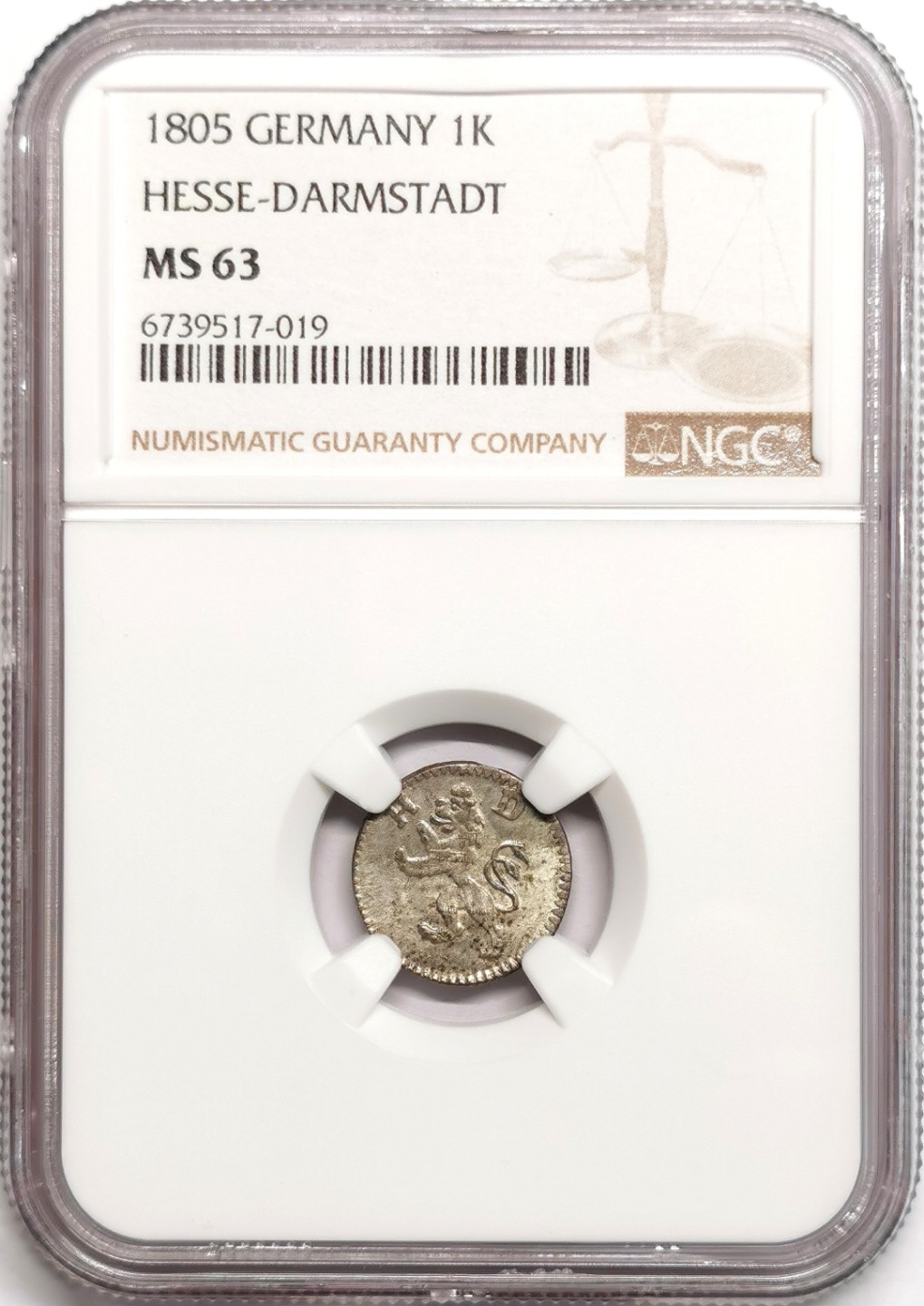 凡希社世界钱币微拍第二百三十九期 1805黑森达姆斯特1K银辅币NGC-MS63