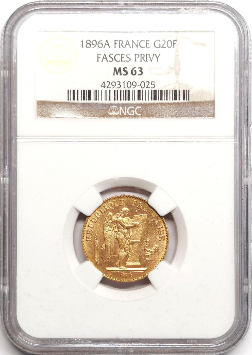 凡希社世界钱币微拍第二百三十九期 1896A法国天使20法郎金币NGC-MS63