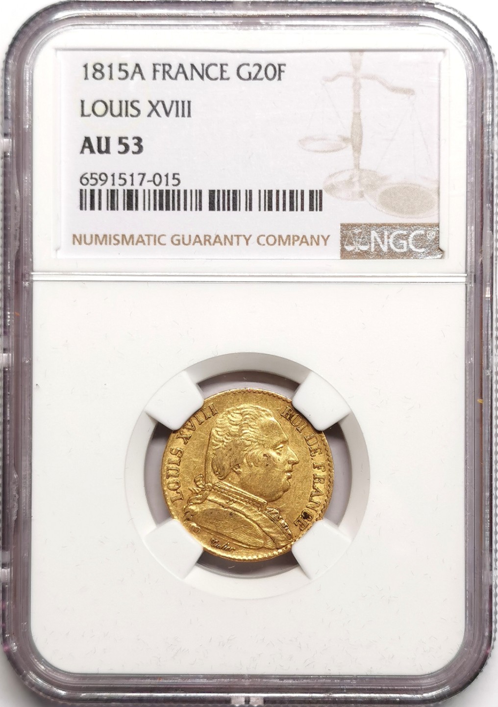 凡希社世界钱币微拍第二百三十九期 1815法国路易十八20法郎金币NGC-AU53