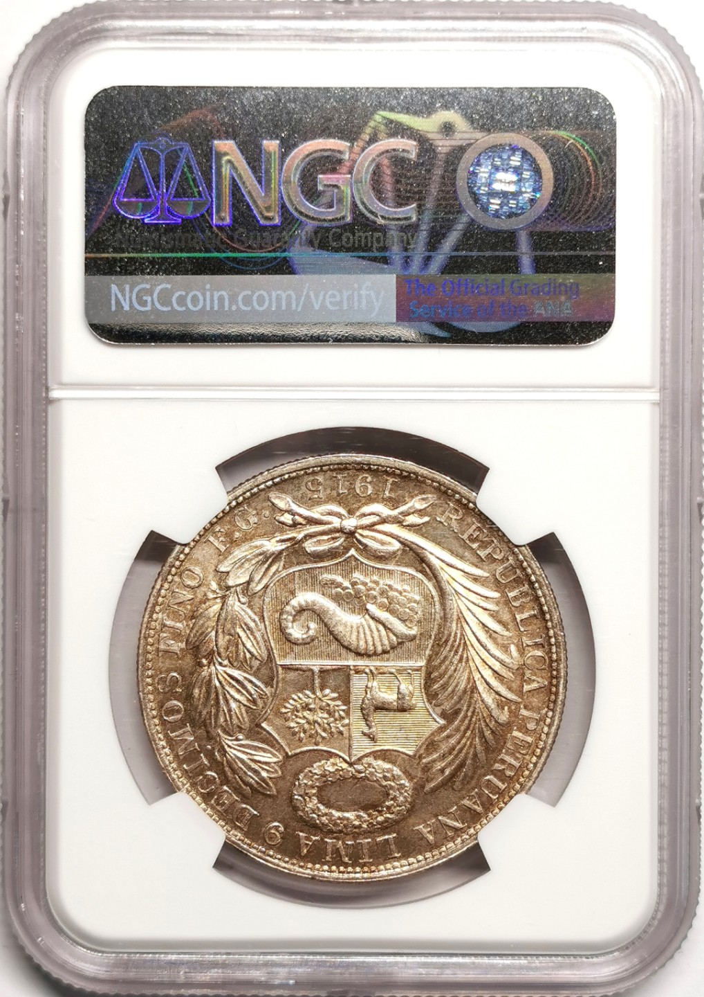 凡希社世界钱币微拍第二百三十九期 1915FG秘鲁坐人SOL大银NGC-MS64高分浅金包浆！