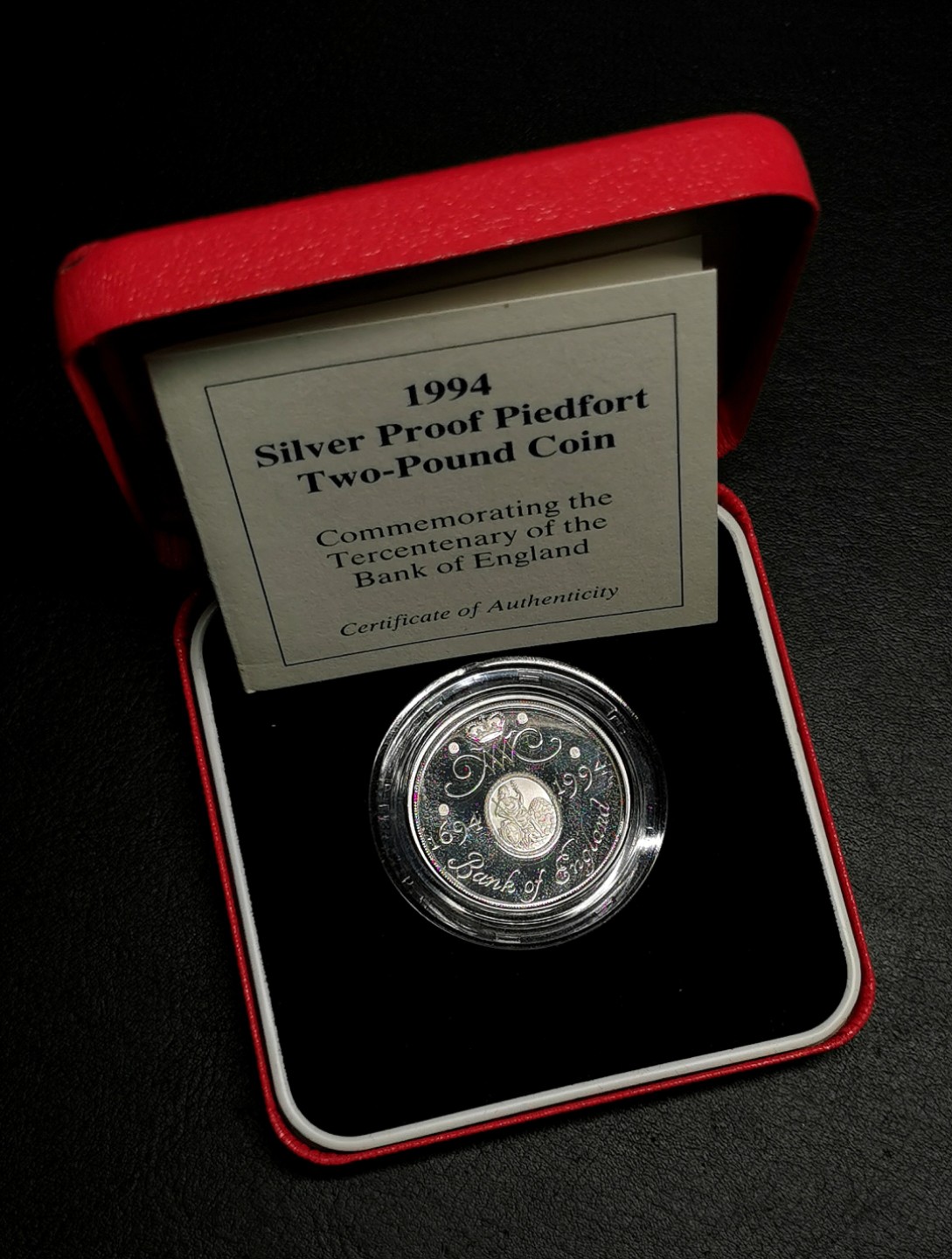 凡希社世界钱币微拍第二百三十九期 1994英国英格兰银行300周年加厚两镑银币原盒证书全品！