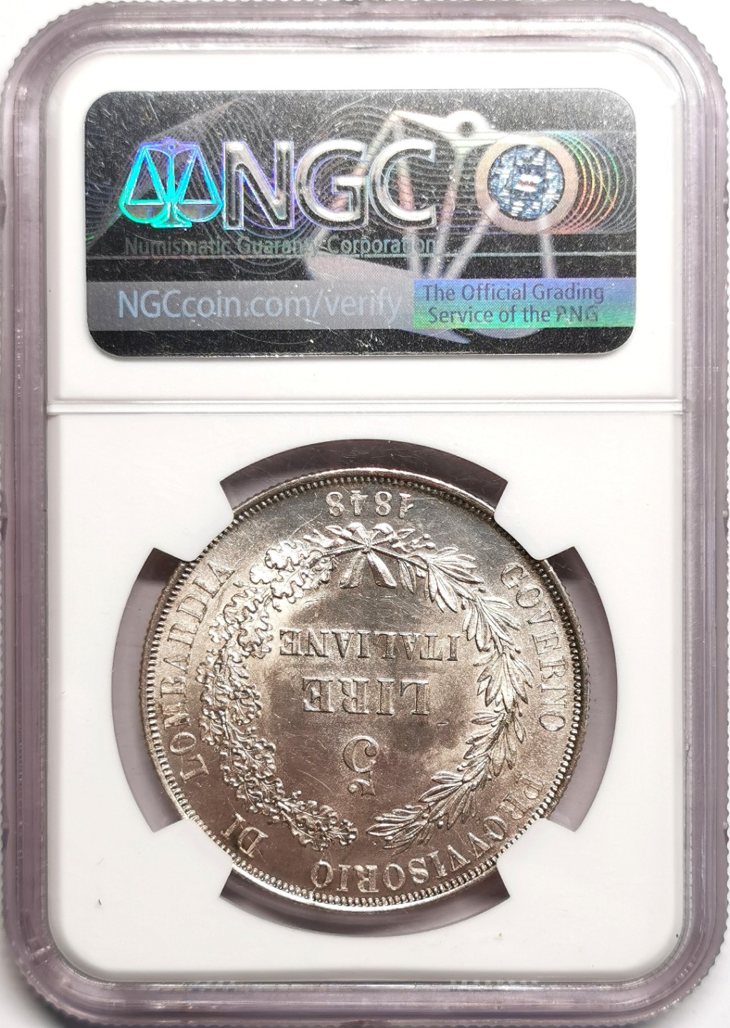 凡希社世界钱币微拍第二百三十九期 荐！1848伦巴第革命政府5里拉大银NGC-MS63