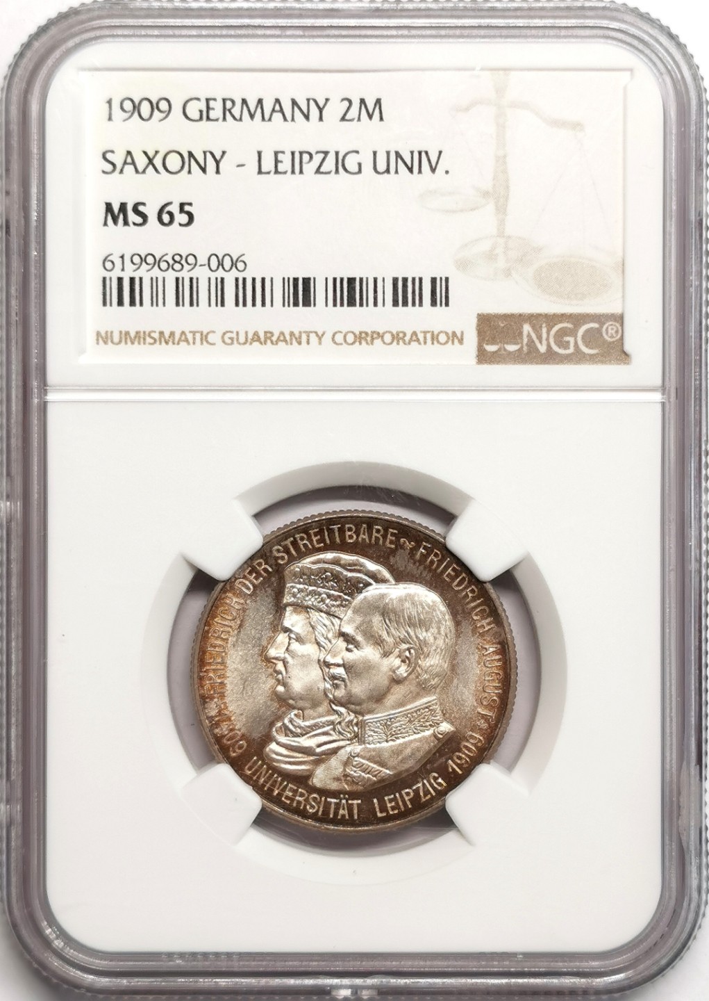 凡希社世界钱币微拍第二百三十九期 1909萨克森莱比锡大学纪念2马克NGC-MS65
