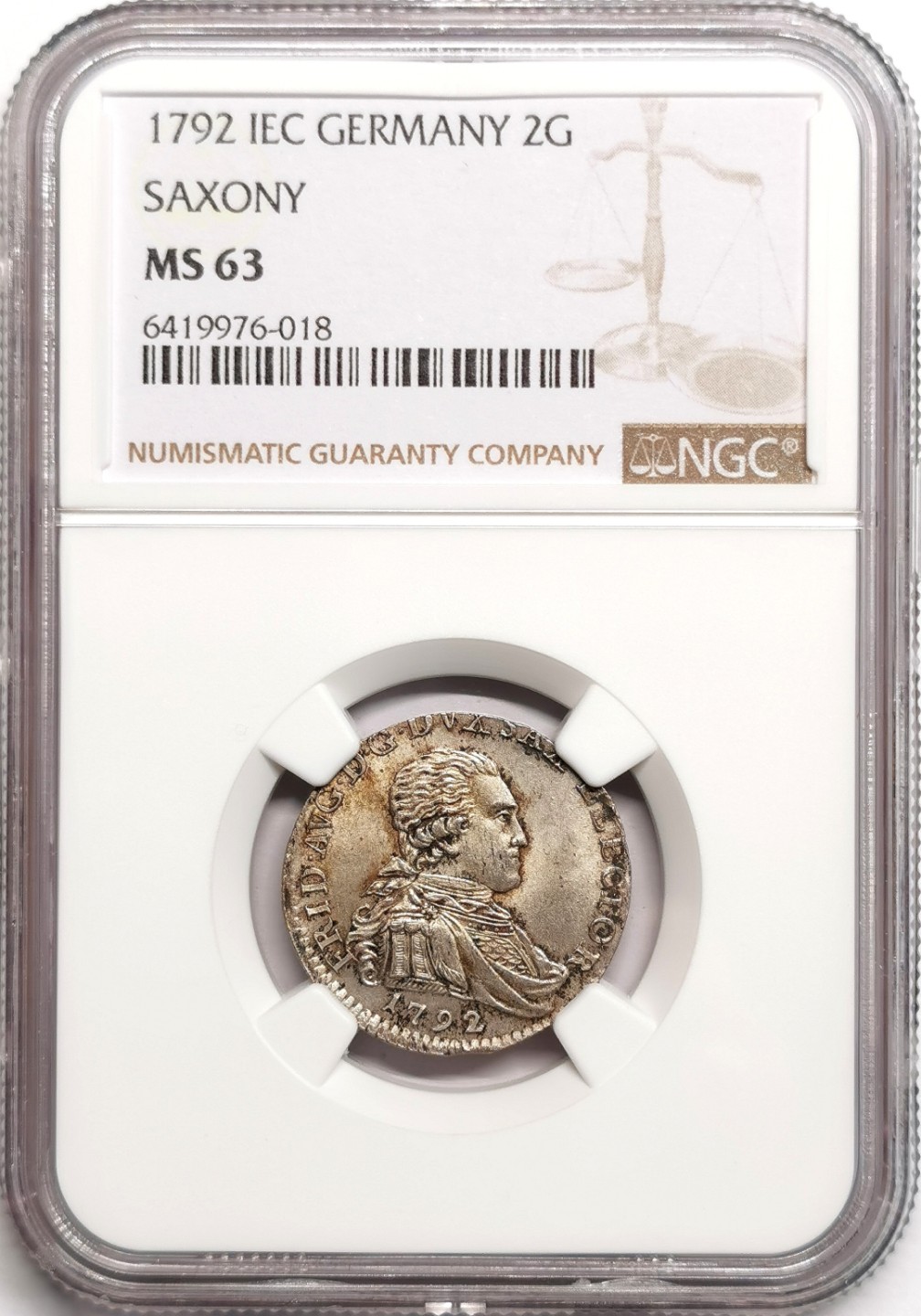 凡希社世界钱币微拍第二百三十九期 1792萨克森军装版2GRO银辅币NGC-MS63