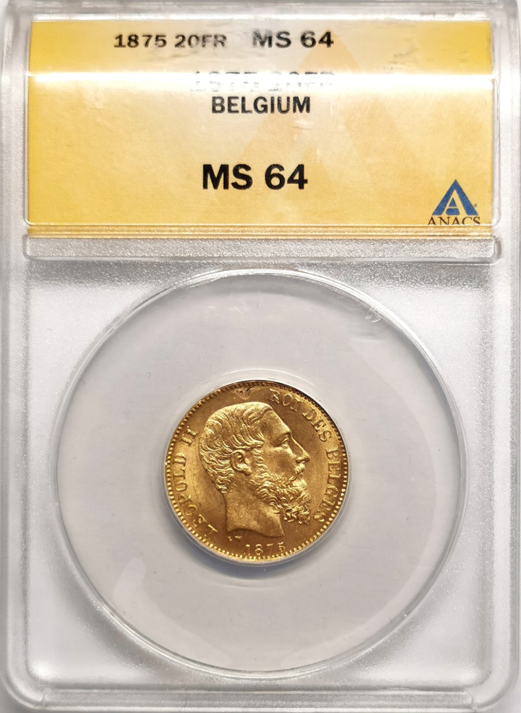 凡希社世界钱币微拍第二百三十九期 1875比利时20法郎金币ANACS-MS64