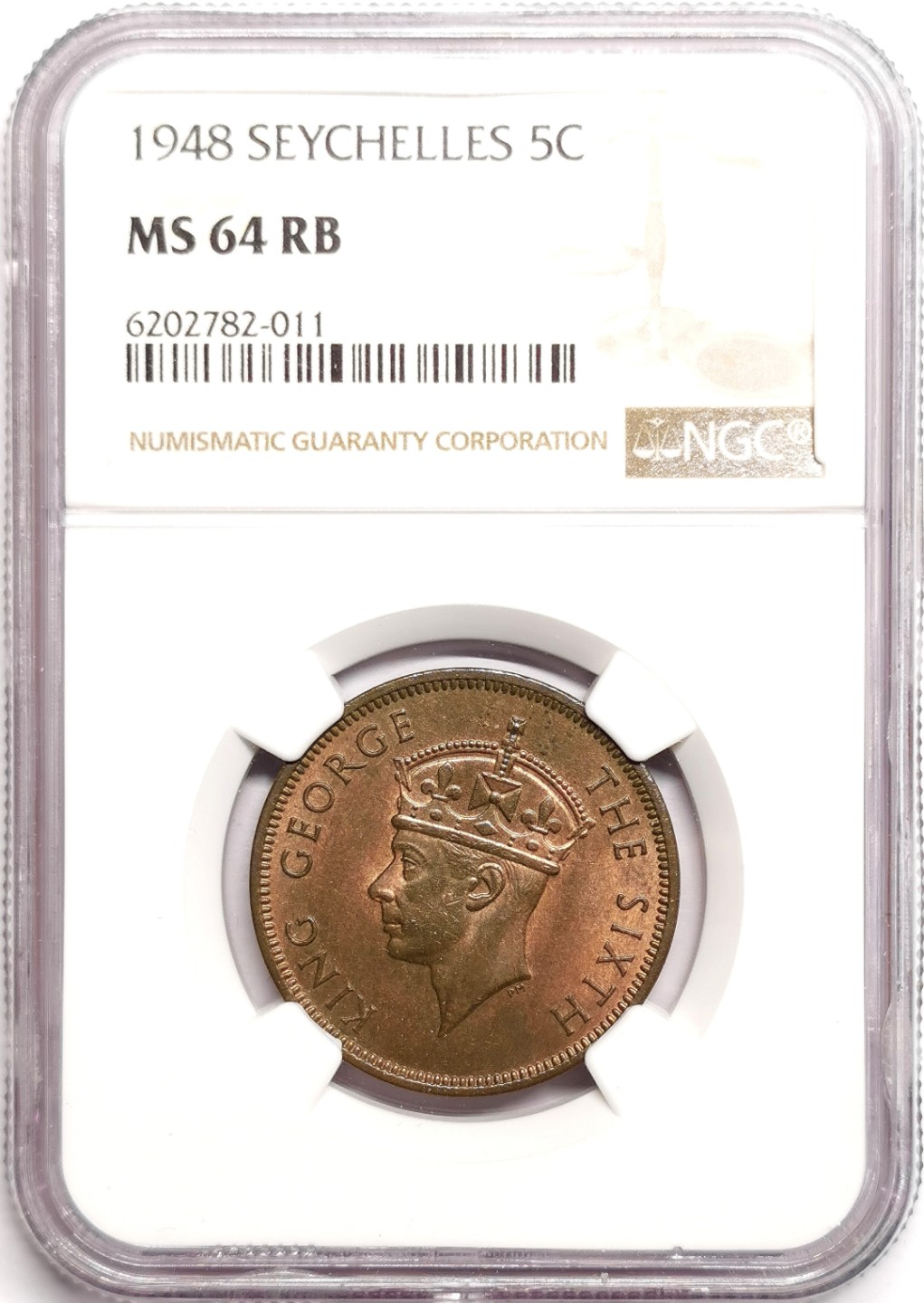 凡希社世界钱币微拍第二百三十九期 1948英属塞舌尔乔六5分铜币NGC-MS64