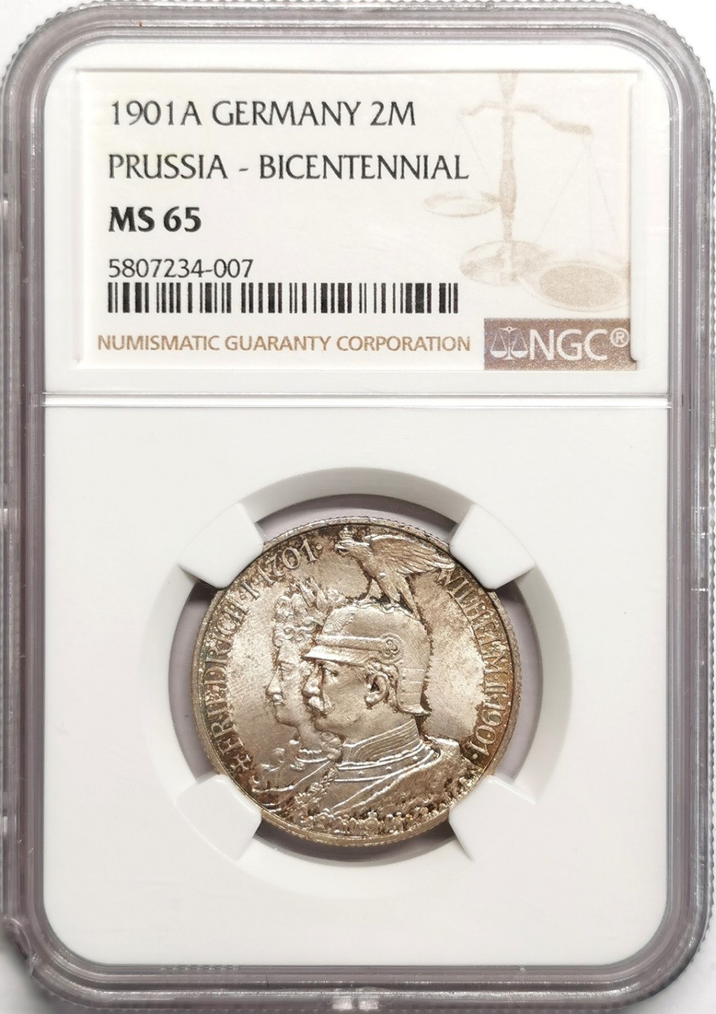 凡希社世界钱币微拍第二百三十九期 1901普鲁士建国200周年纪念2马克NGC-MS65