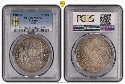 橡树集藏-005场   - PCGS-MS66 1906年德国不莱梅5马克大银 极品五彩包浆 好状态无需多言 请欣赏视频照片 错过后悔 强烈推荐！