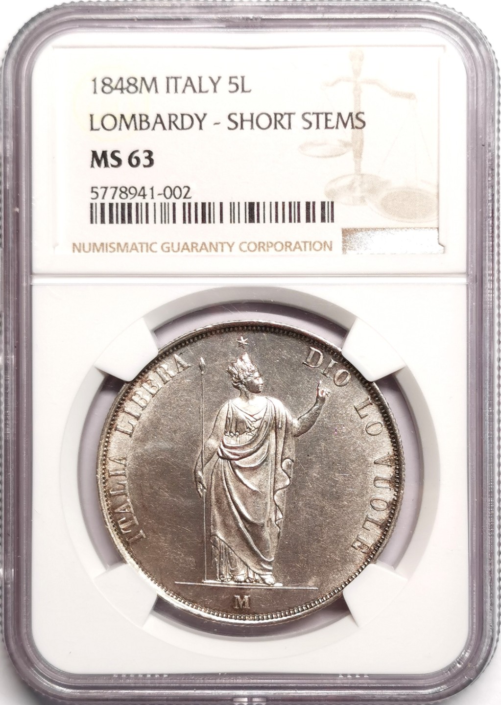 凡希社世界钱币微拍第二百三十九期 荐！1848伦巴第革命政府5里拉大银NGC-MS63