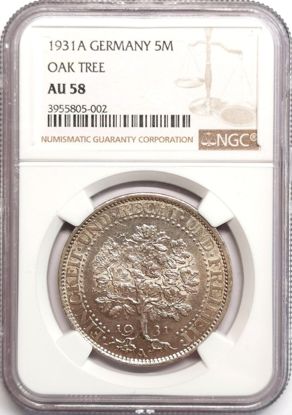 凡希社世界钱币微拍第二百三十九期 1931魏玛德国橡树5马克大银NGC-AU58