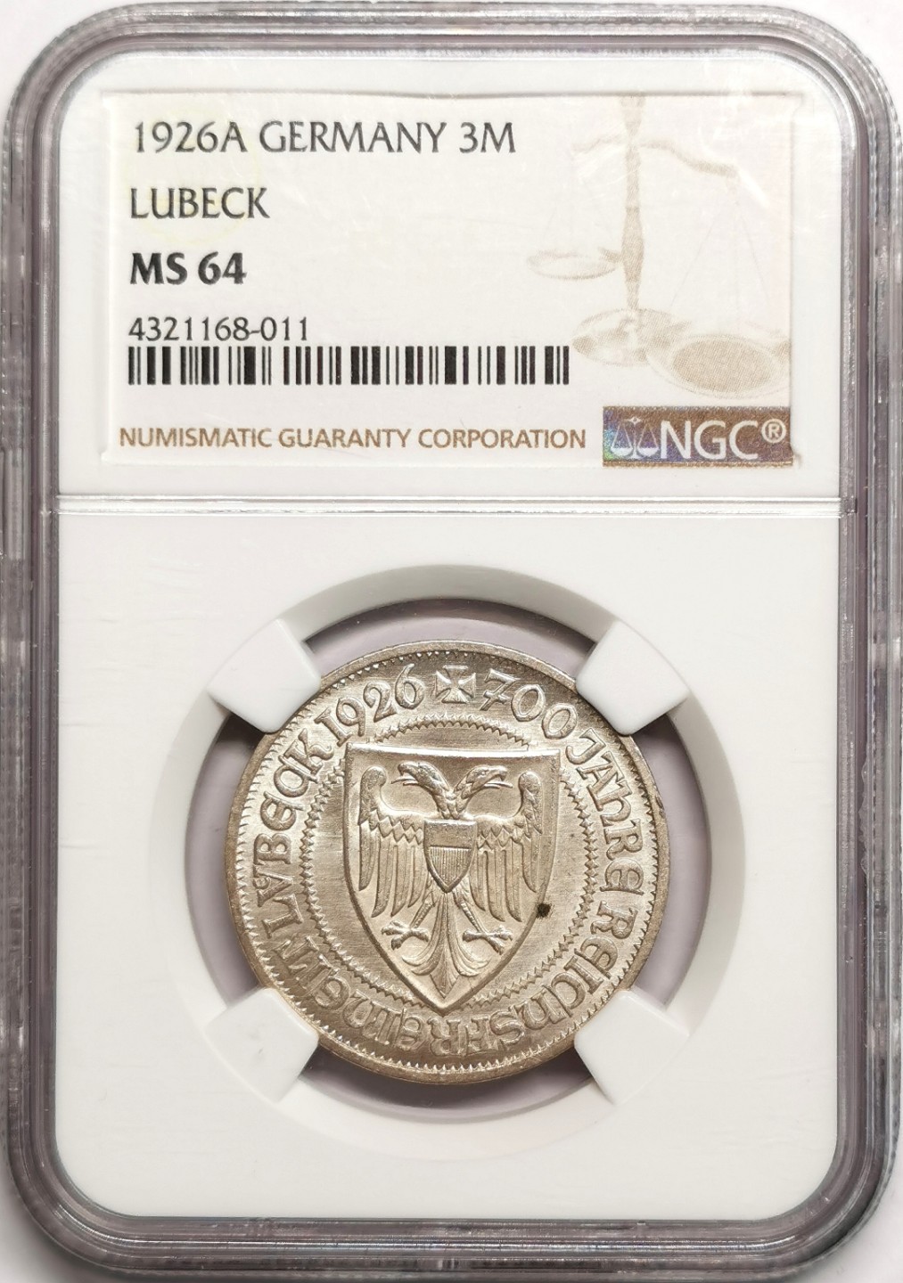 凡希社世界钱币微拍第二百三十九期 1926A魏玛德国吕贝克纪念3马克NGC-MS64