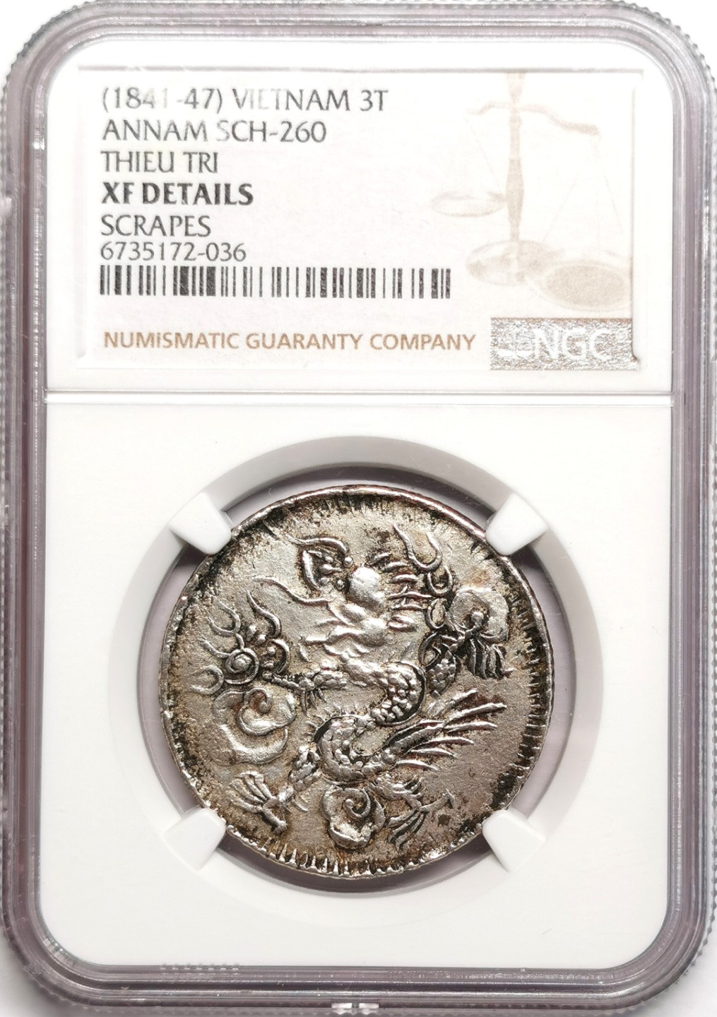 凡希社世界钱币微拍第二百三十九期 大南绍治通宝虬龙叁钱银币NGC-XFD