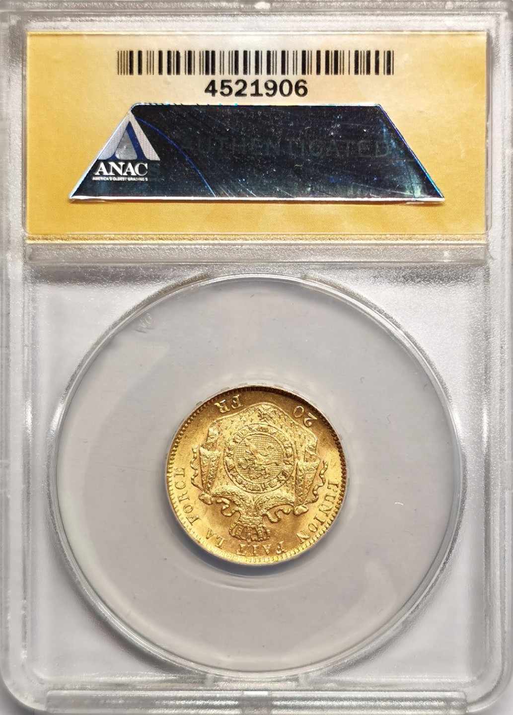 凡希社世界钱币微拍第二百三十九期 1875比利时20法郎金币ANACS-MS64