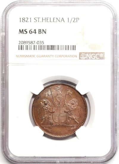 凡希社世界钱币微拍第二百三十九期 - 荐！1821圣赫勒拿1/2便士NGC-MS64铜色优美！