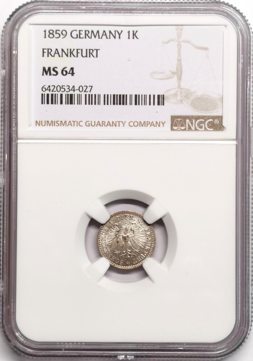 凡希社世界钱币微拍第二百三十九期 1859法兰克福鹰型1K银辅币NGC-MS64
