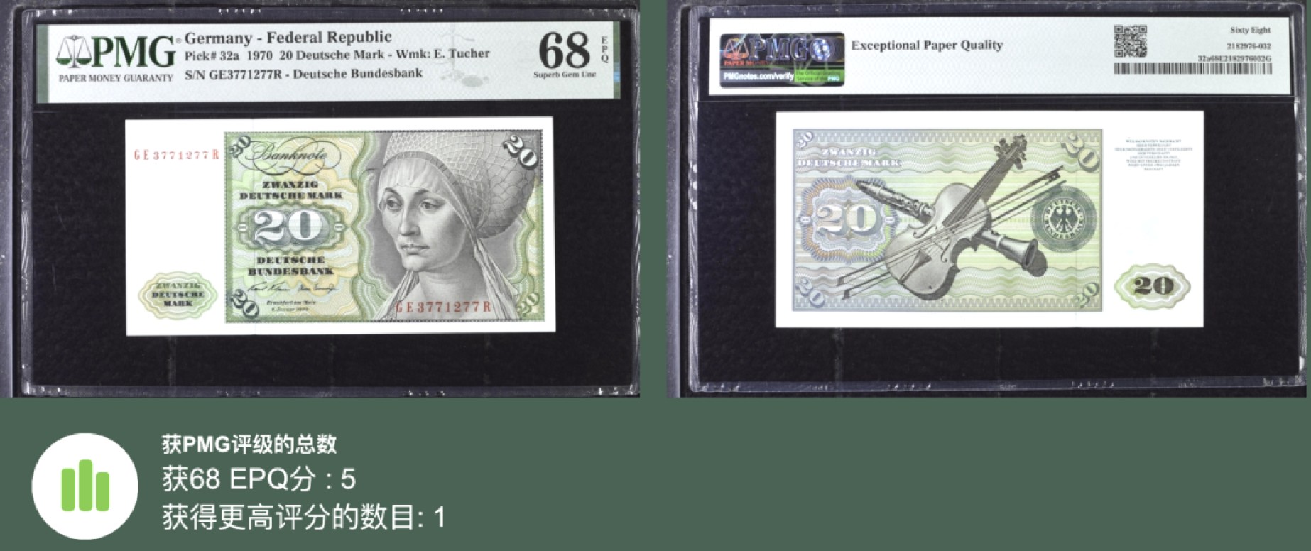《张总朋友收藏》102期—外币精品 德国20马克 PMG68E 1970年 无4 亚军分 更高分仅1张